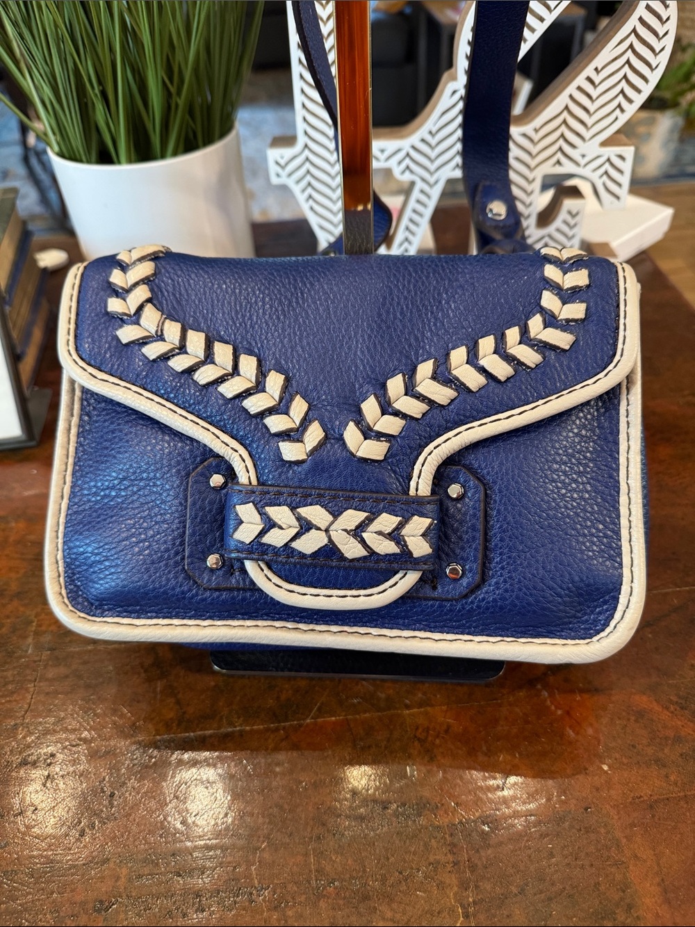 Women's Navy Blue Crossbody Bag with Cream Braided Trim